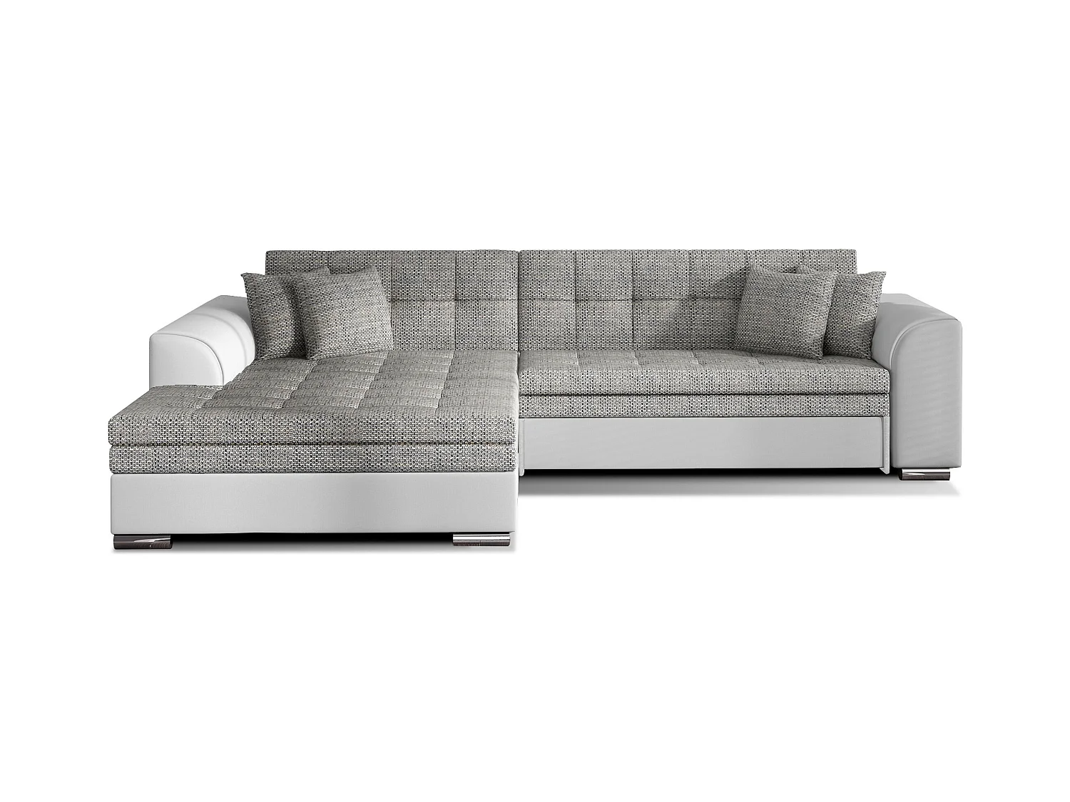 Canapé d'angle gauche convertible 4 places tissu gris clair chiné et simili blanc Looka 295cm