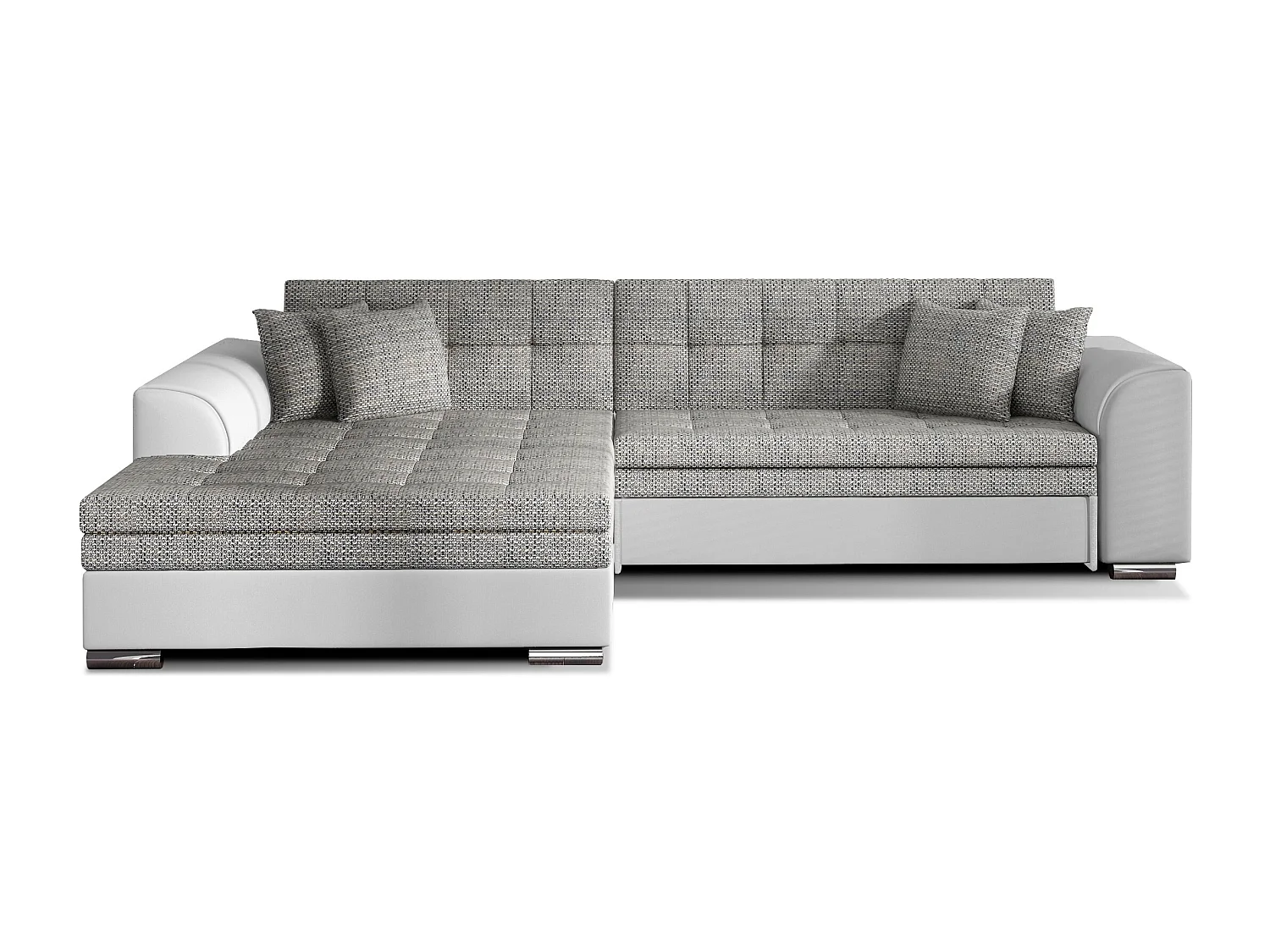 Canapé d'angle gauche convertible 4 places tissu gris clair chiné et simili blanc Looka 295cm