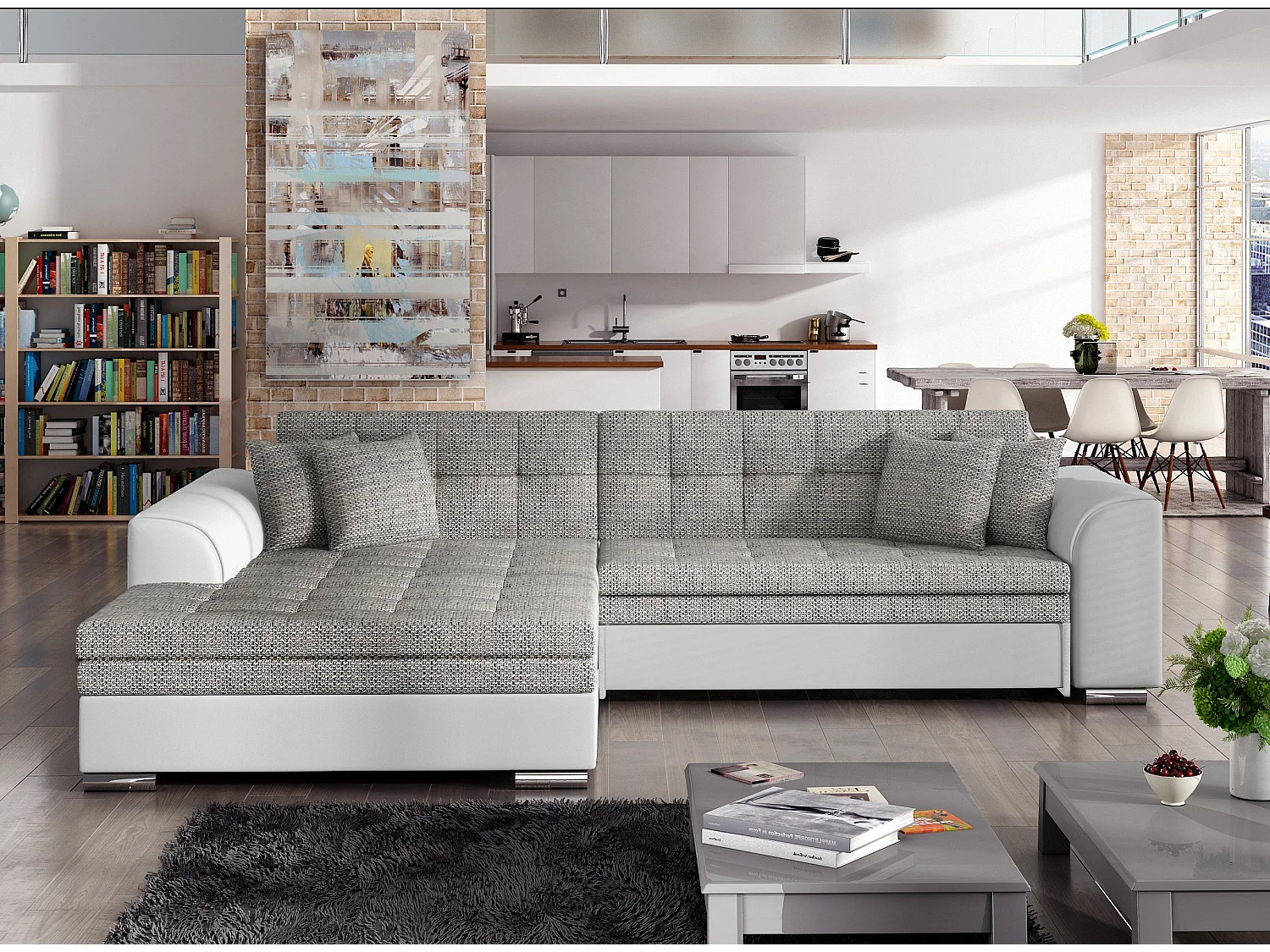 Canapé d'angle gauche convertible 4 places tissu gris clair chiné et simili blanc Looka 295cm