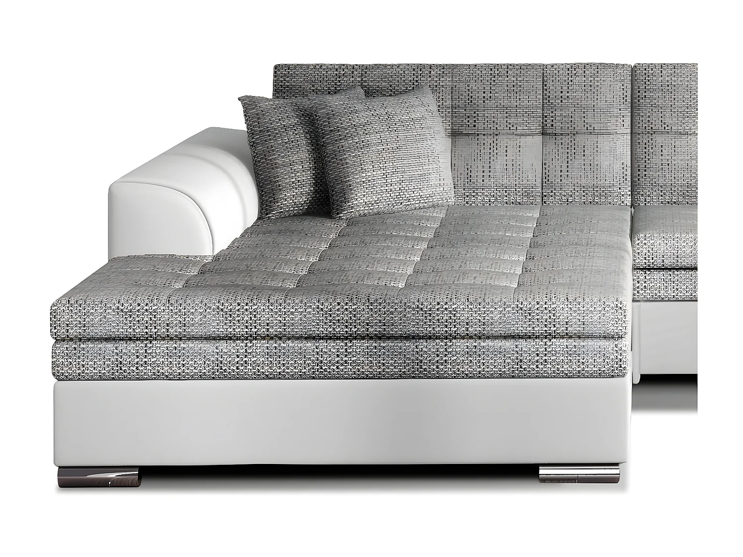 Canapé d'angle gauche convertible 4 places tissu gris clair chiné et simili blanc Looka 295cm