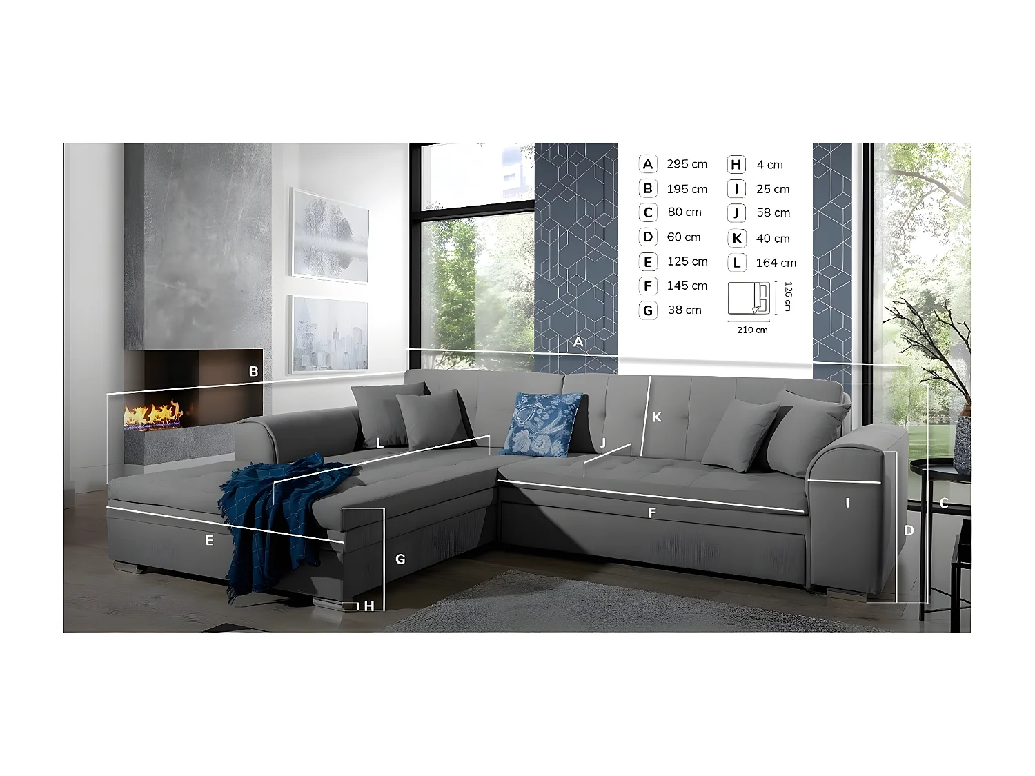 Canapé d'angle gauche convertible 4 places tissu gris clair chiné et simili blanc Looka 295cm