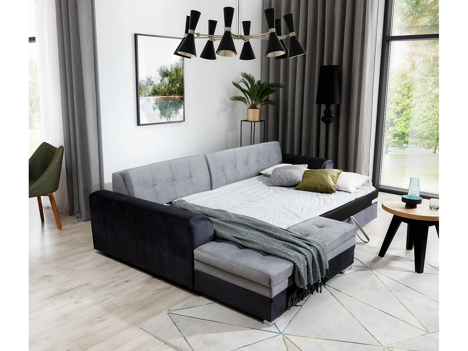 Canapé d'angle gauche convertible 4 places tissu gris clair chiné et simili blanc Looka 295cm