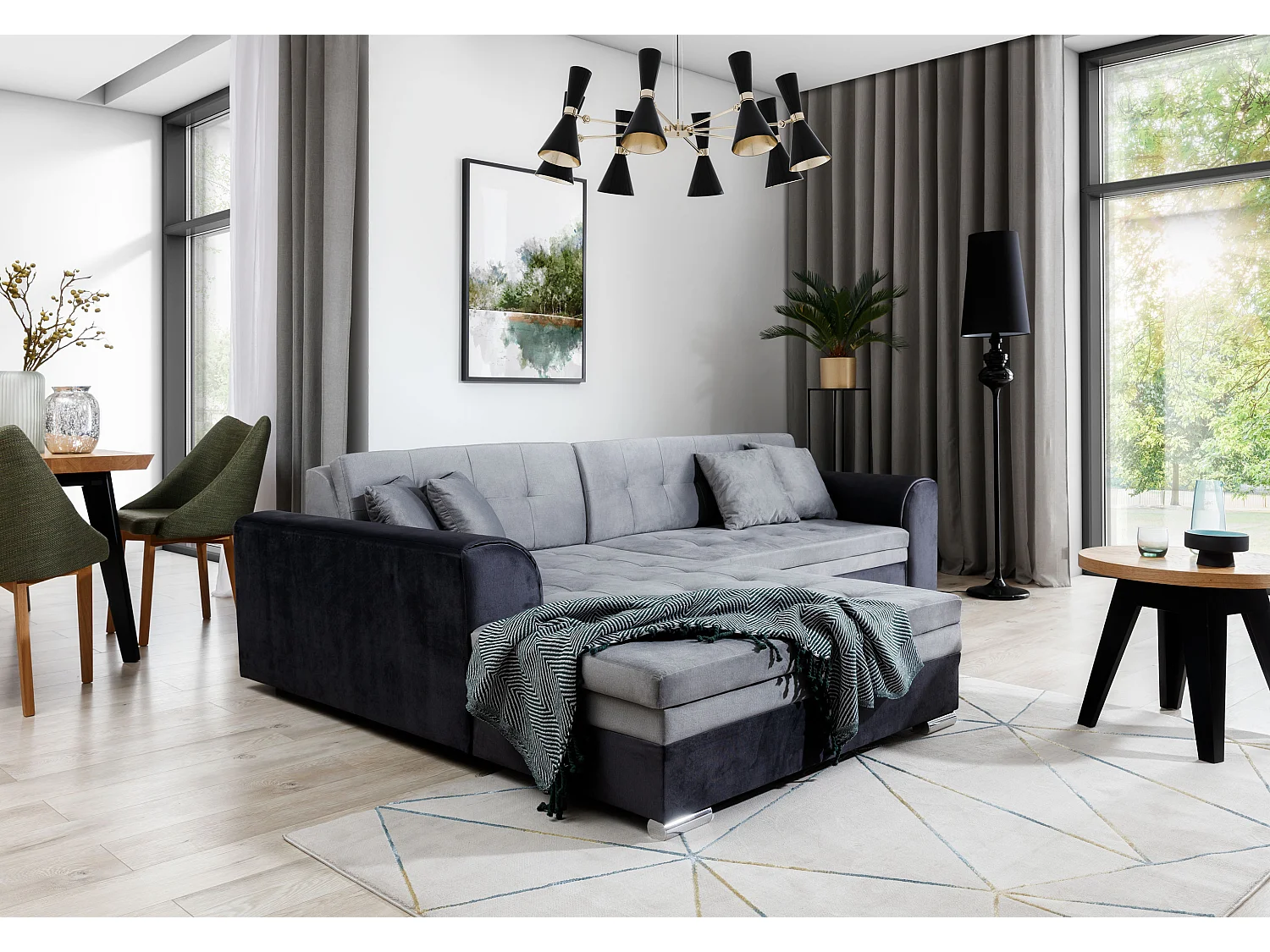 Canapé d'angle gauche convertible 4 places tissu gris clair chiné et simili blanc Looka 295cm