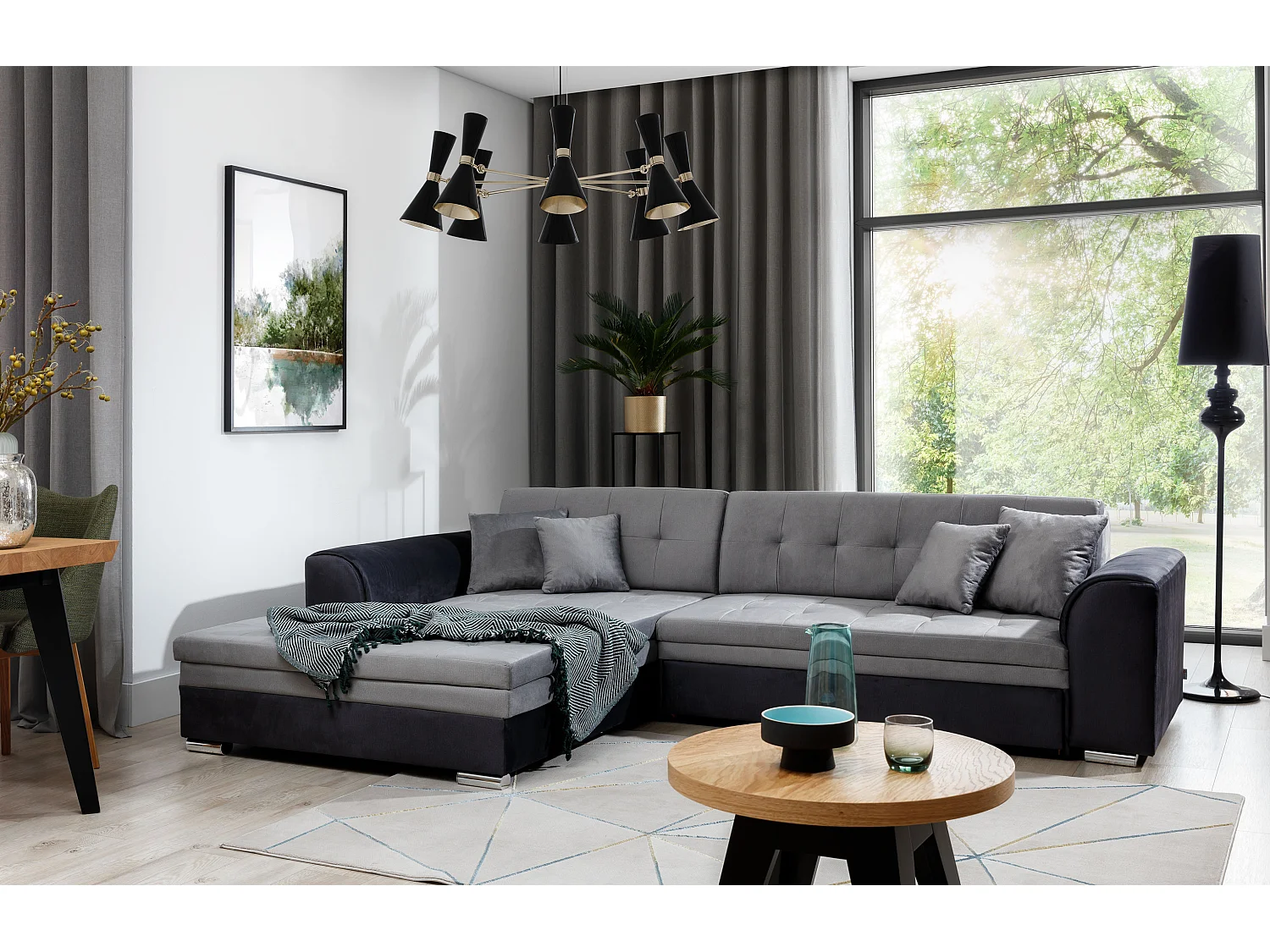 Canapé d'angle gauche convertible 4 places tissu gris clair chiné et simili blanc Looka 295cm