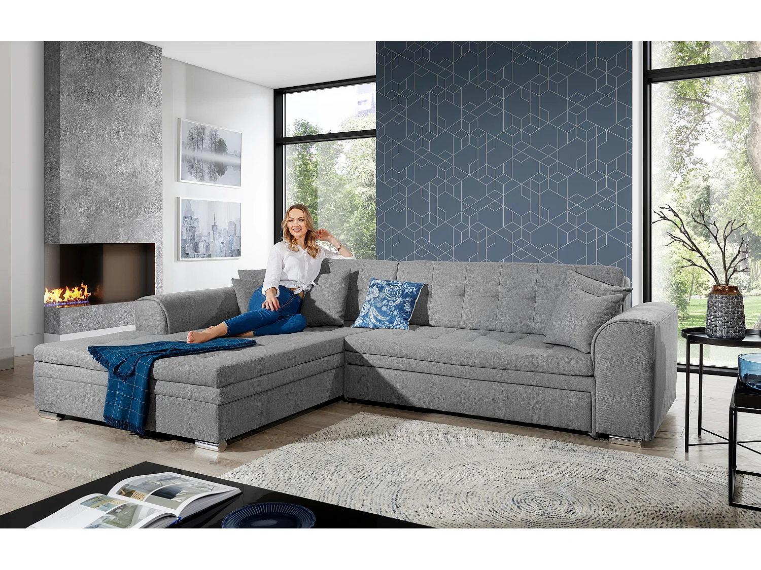 Canapé d'angle gauche convertible 4 places tissu gris clair chiné et simili blanc Looka 295cm