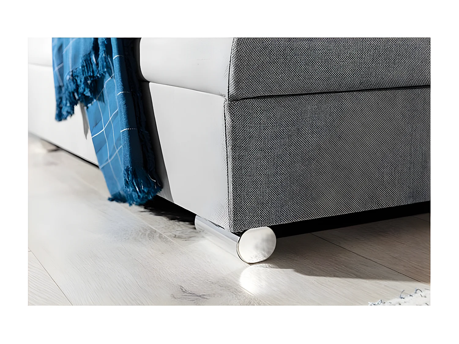 Canapé d'angle gauche convertible 4 places tissu gris clair chiné et simili blanc Looka 295cm