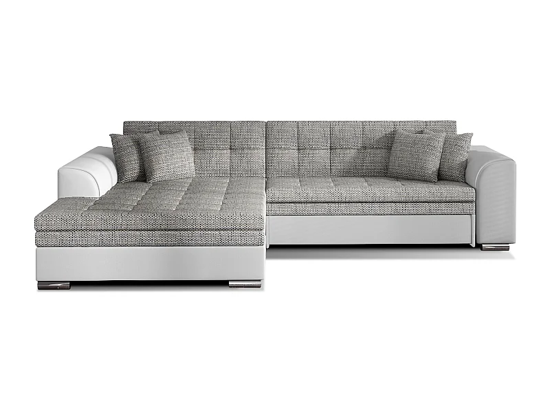 Canapé d'angle gauche convertible 4 places tissu gris clair chiné et simili blanc Looka 295cm