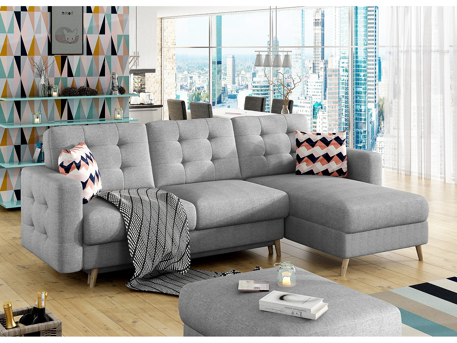 Canapé d'angle réversible et convertible tissu gris clair chiné Anska 250cm