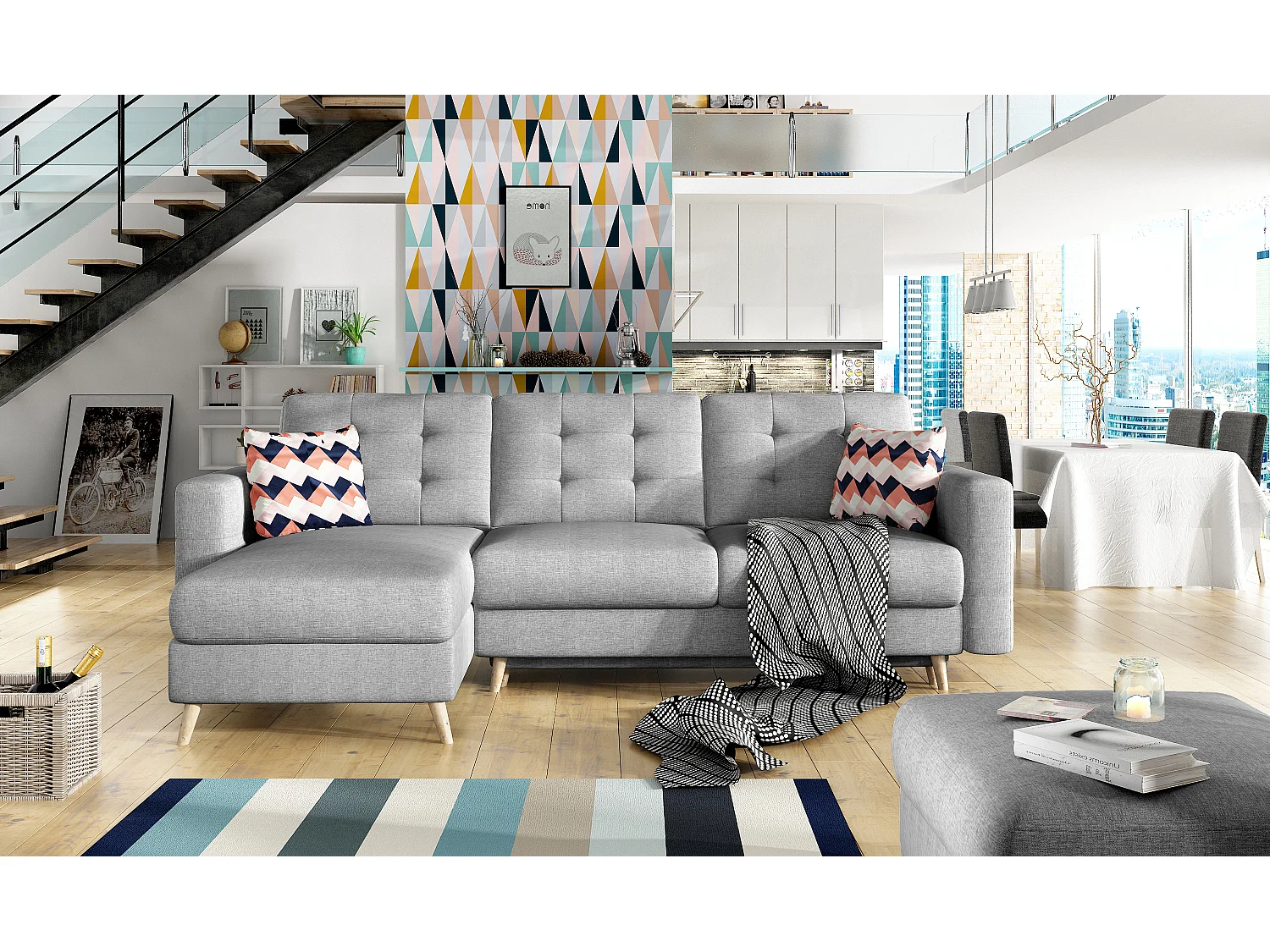 Canapé d'angle réversible et convertible tissu gris clair chiné Anska 250cm