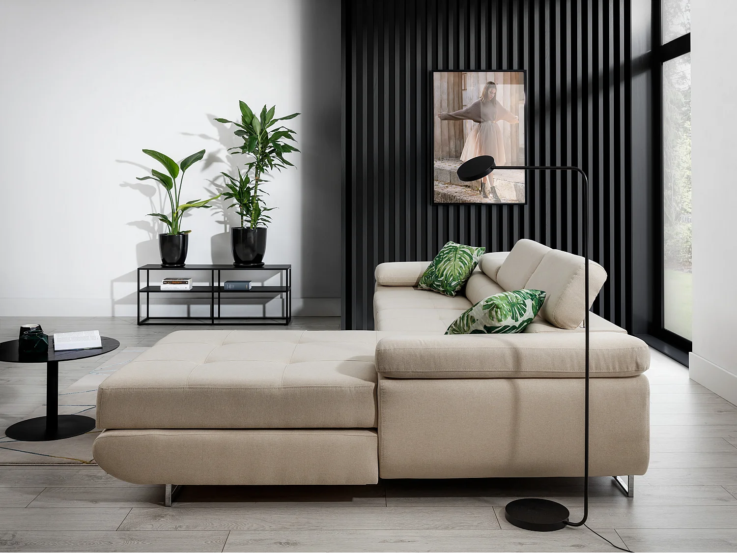 Canapé convertible d'angle droit simili cuir gris avec rangement Wile 280cm