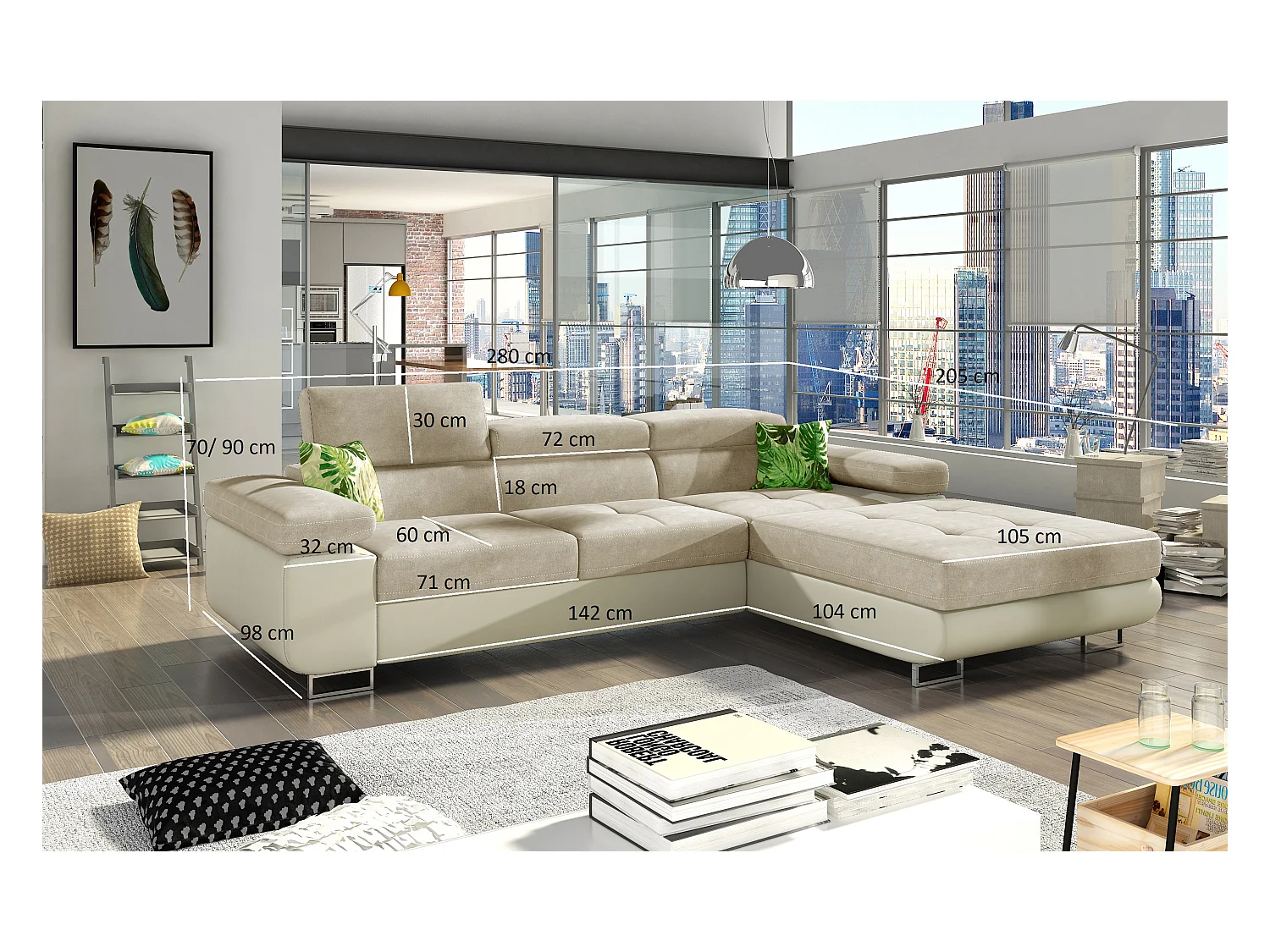 Grijze kunstleren hoekbank met opbergruimte Wile 280 cm