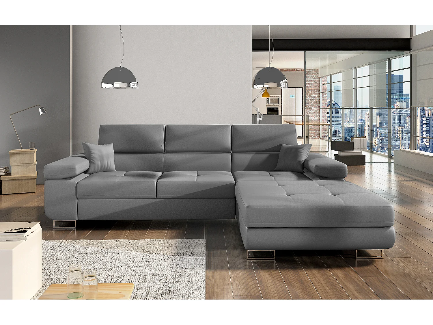 Canapé convertible d'angle droit simili cuir gris avec rangement Wile 280cm