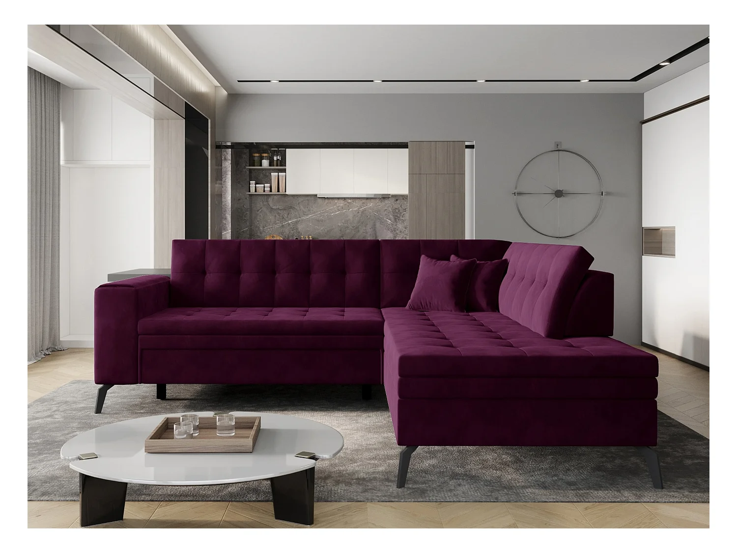 Canapé convertible capitonné angle droit velours grenat Larry 260cm
