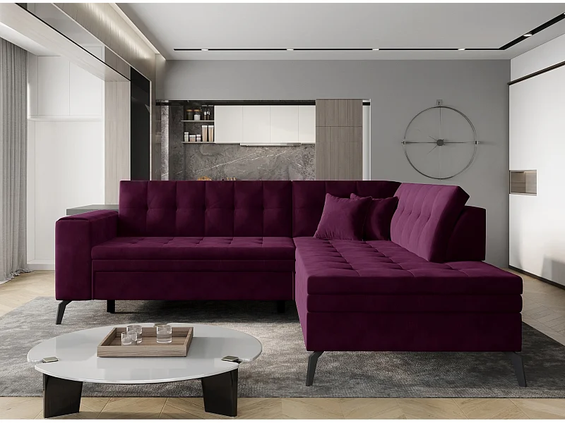 Canapé convertible capitonné angle droit velours grenat Larry 260cm