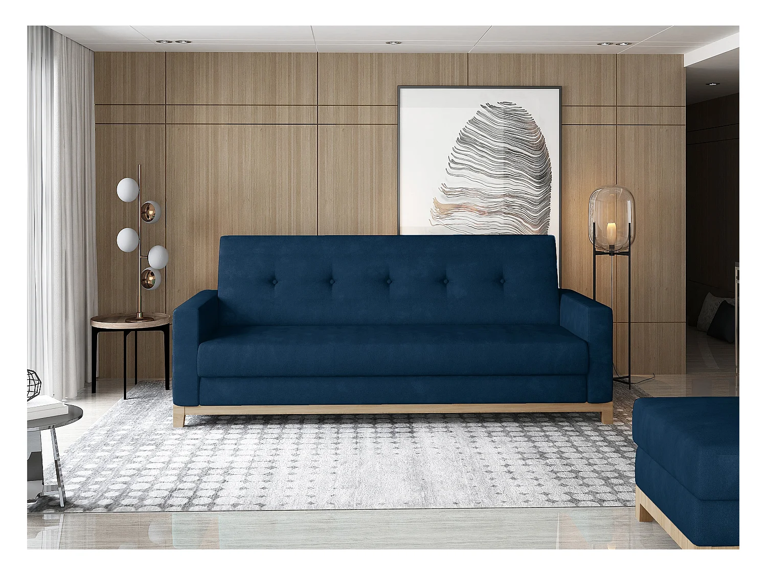 Canapé lit 3 places tissu bleu foncé et pieds en bois de hêtre Saline 216cm
