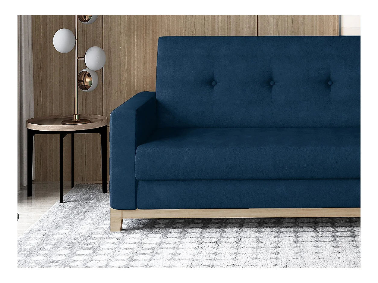 Canapé lit 3 places tissu bleu foncé et pieds en bois de hêtre Saline 216cm