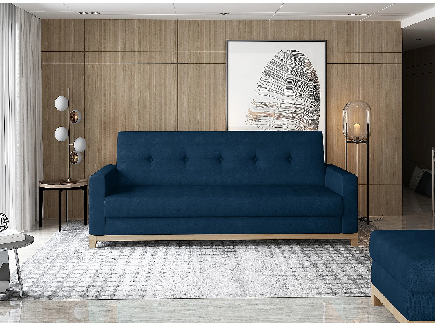 Canapé lit 3 places tissu bleu foncé et pieds en bois de hêtre Saline 216cm