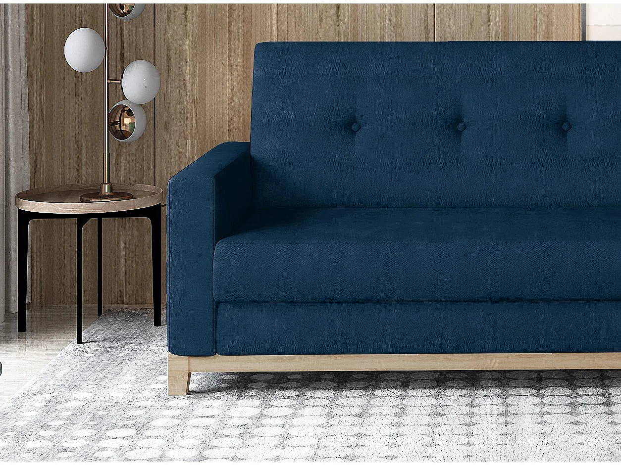 Canapé lit 3 places tissu bleu foncé et pieds en bois de hêtre Saline 216cm