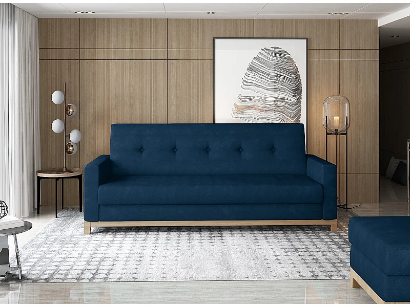 Canapé lit 3 places tissu bleu foncé et pieds en bois de hêtre Saline 216cm
