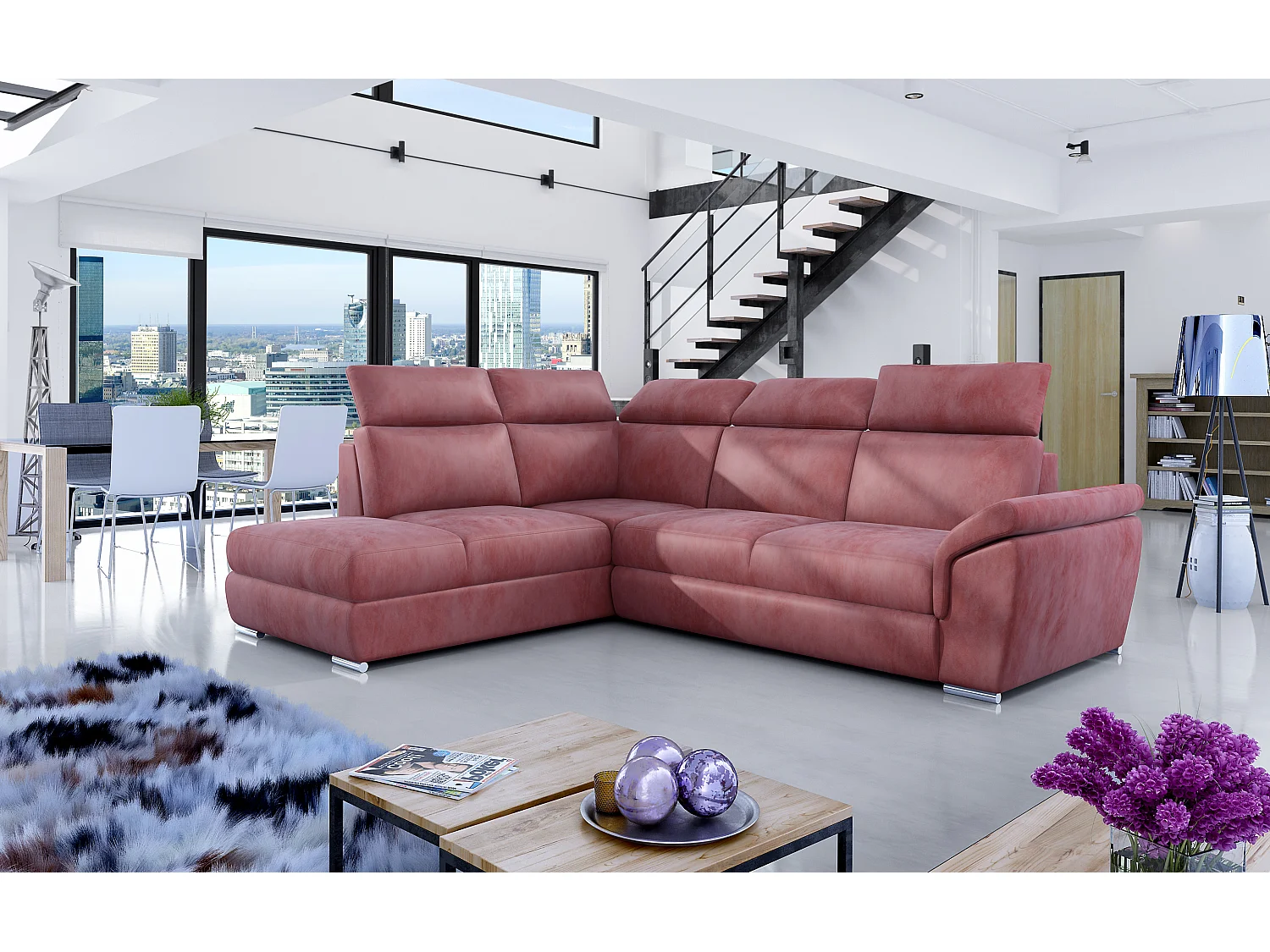 Canapé angle gauche convertible velours rose foncé avec appuis-tête réglables Kepita 260cm