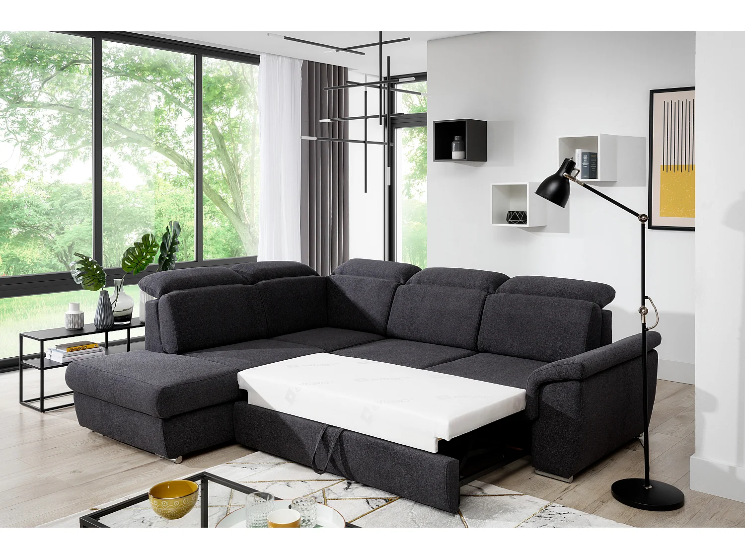 Canapé angle gauche convertible velours marron avec appuis-tête réglables Kepita 260cm