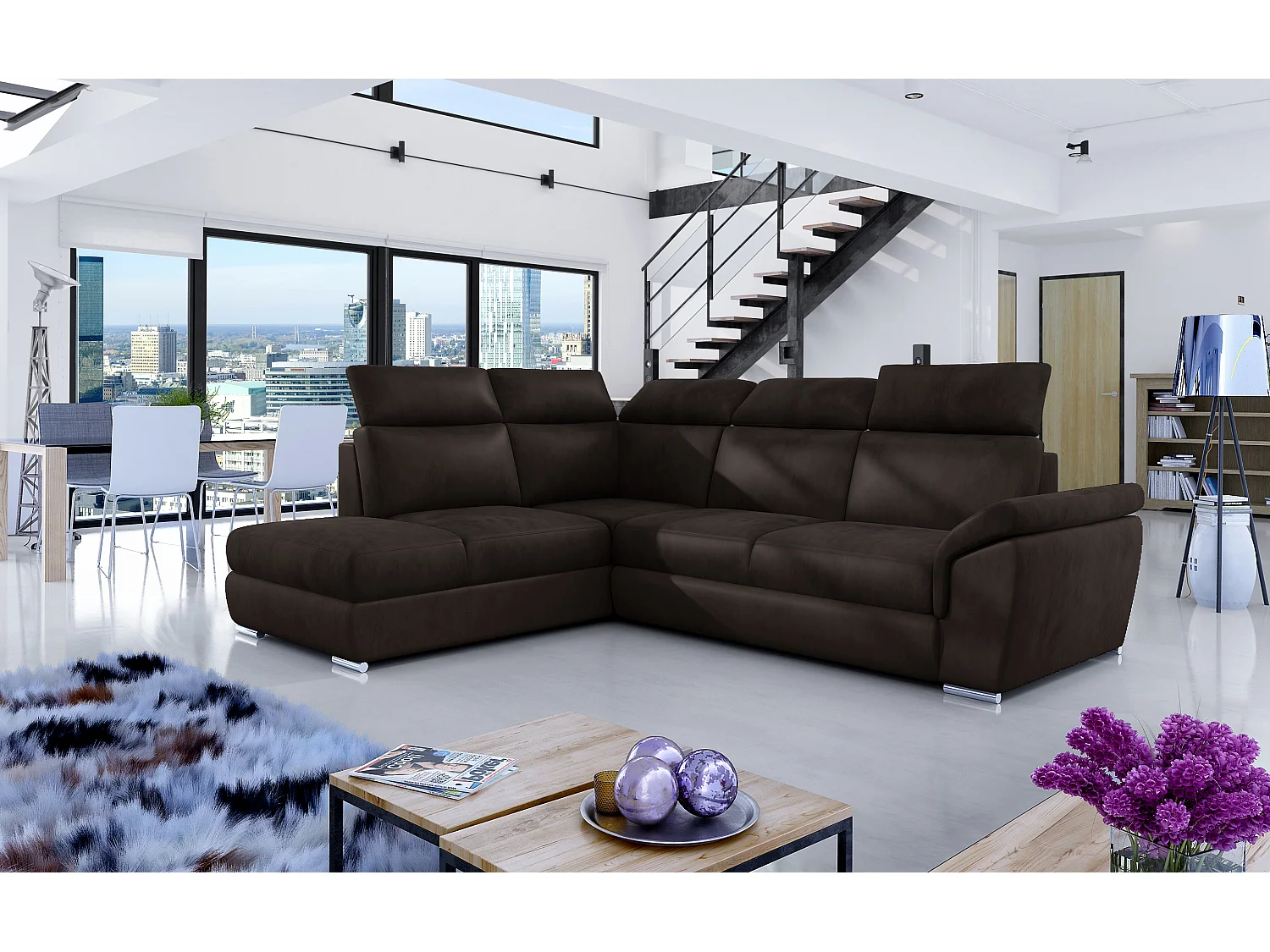 Canapé angle gauche convertible velours marron avec appuis-tête réglables Kepita 260cm