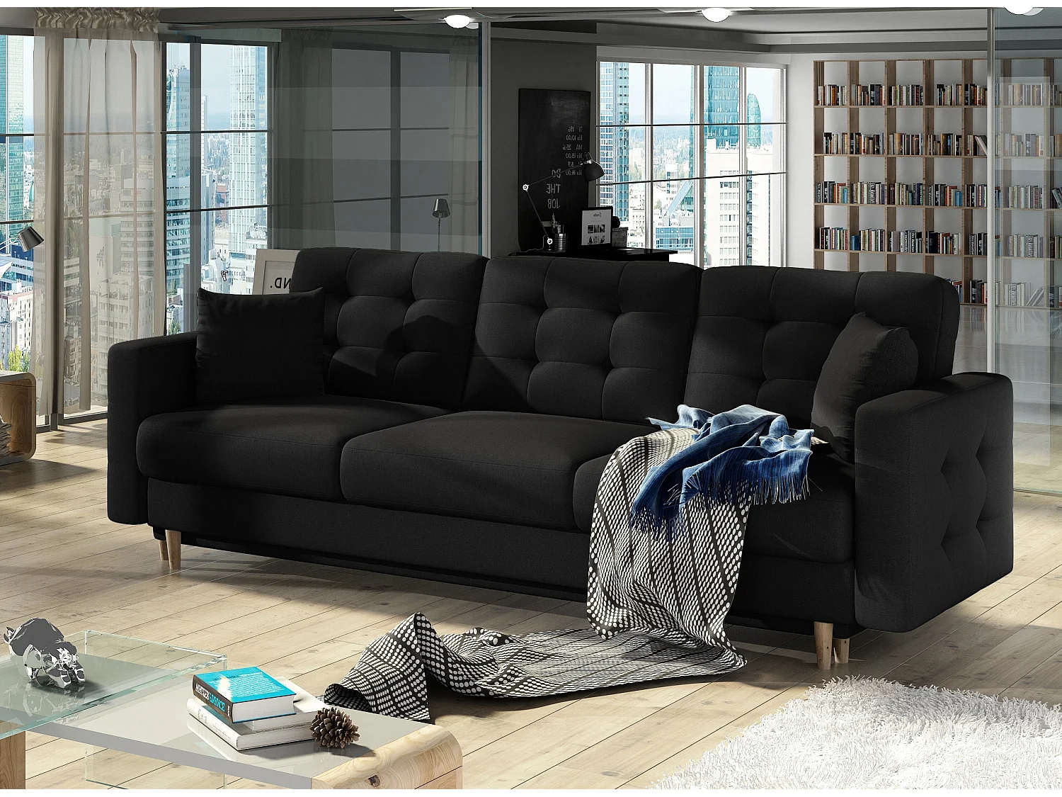 Canapé 3 places convertible matelassé tissu noir Anska 235cm