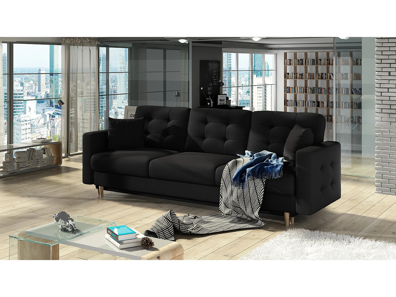 Canapé 3 places convertible matelassé tissu noir Anska 235cm