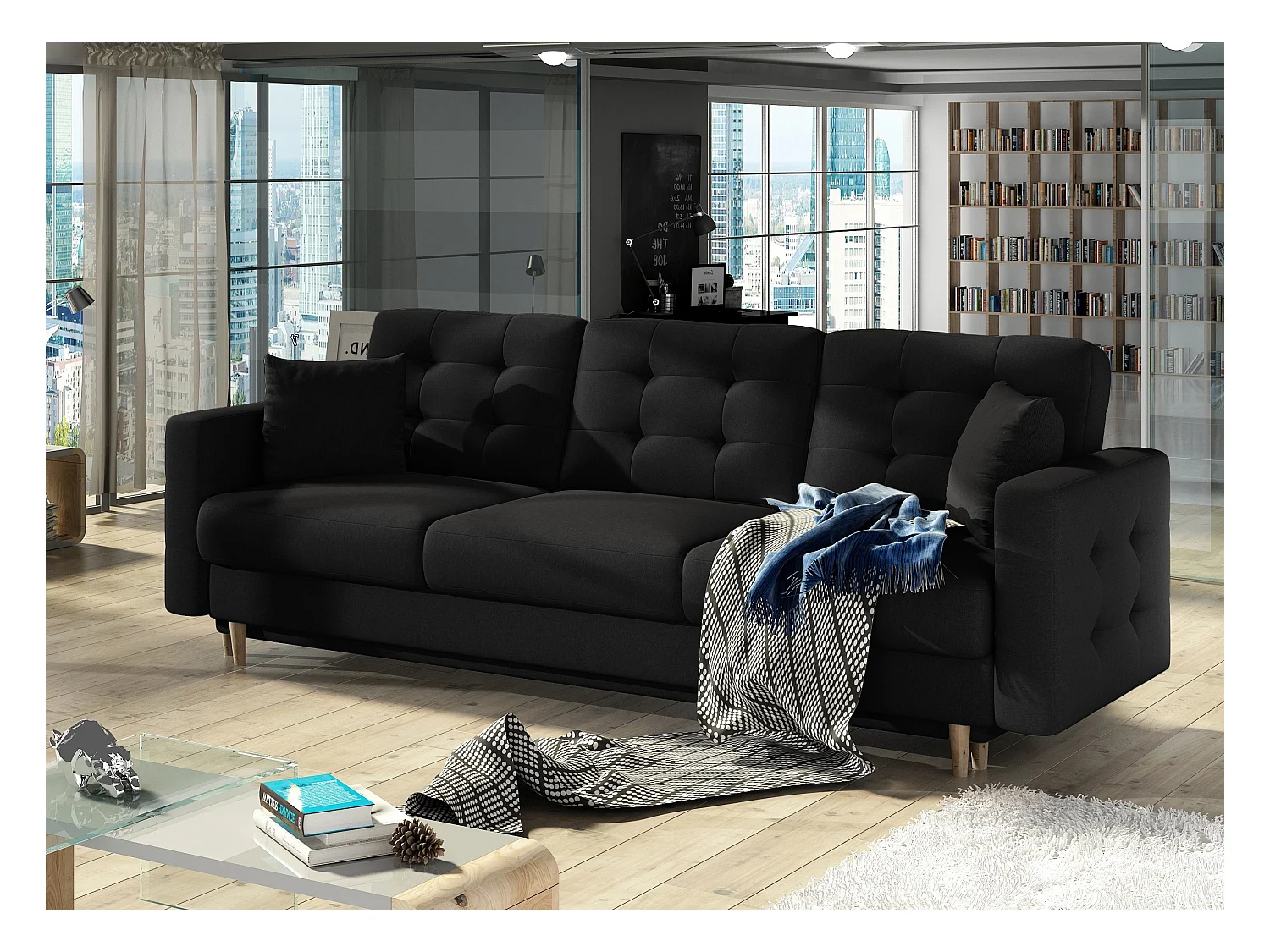 Canapé 3 places convertible matelassé tissu noir Anska 235cm