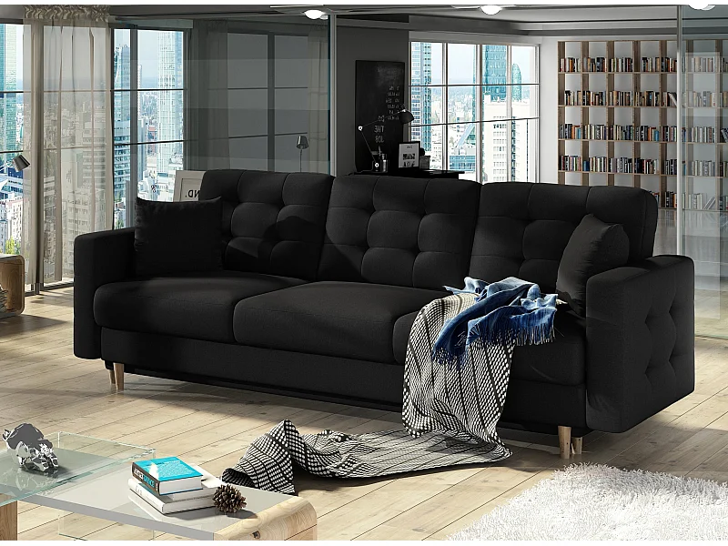 Canapé 3 places convertible matelassé tissu noir Anska 235cm