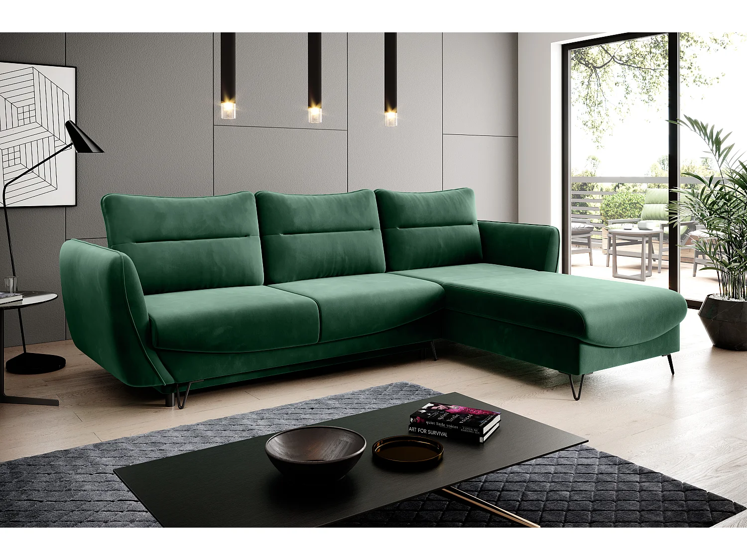 Canapé d'angle droit convertible tissu vert foncé Zurik 276cm