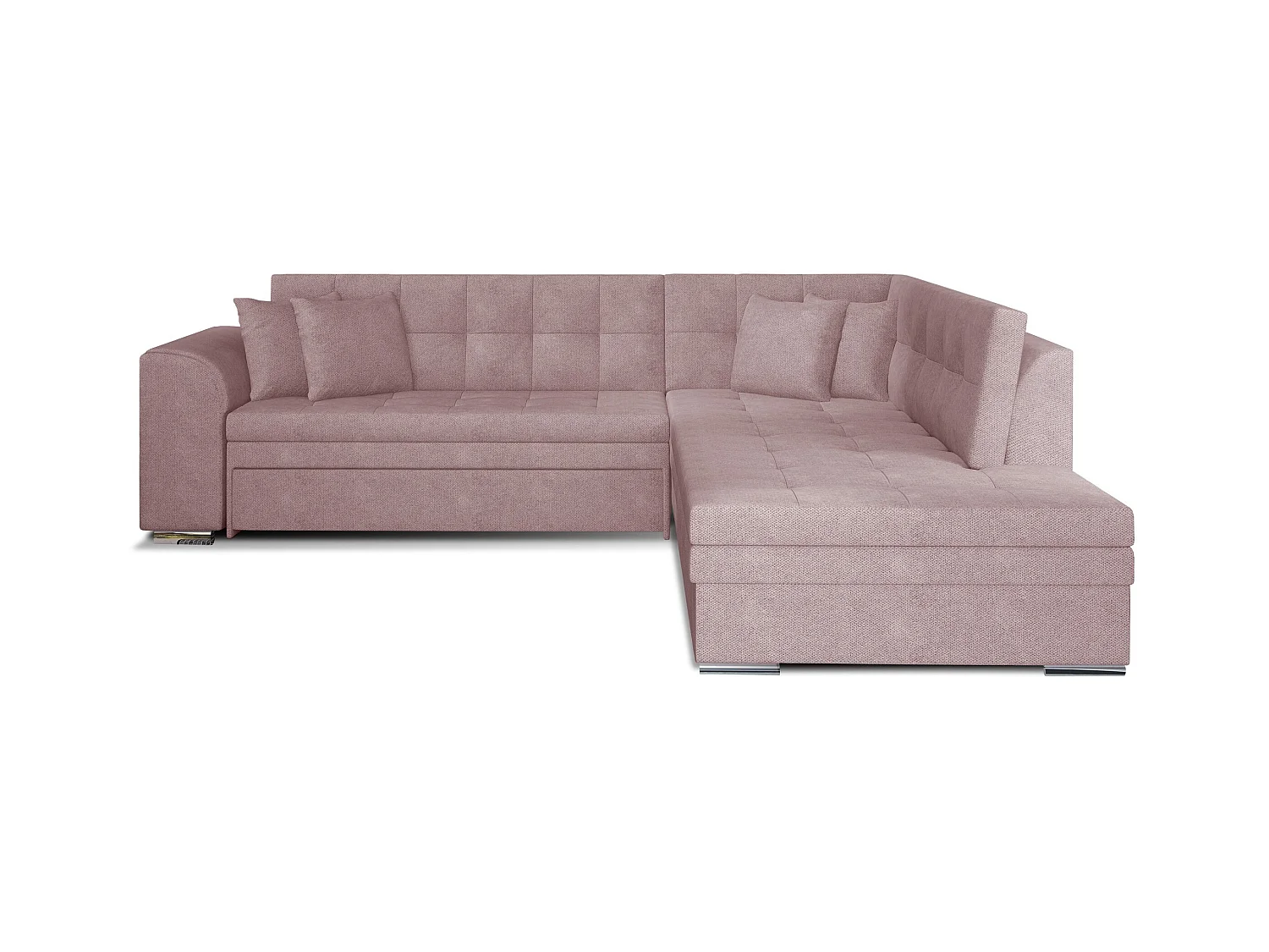 Canapé convertible angle droit tissu doux rose clair et chromé Pika 260cm