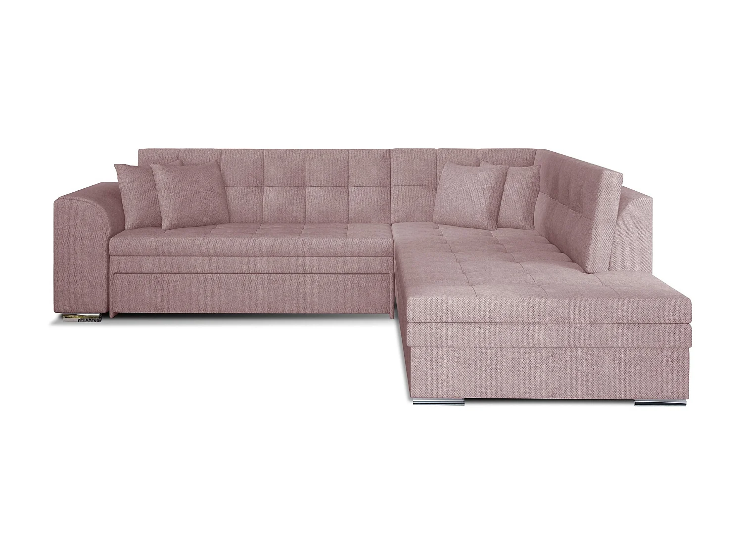 Canapé convertible angle droit tissu doux rose clair et chromé Pika 260cm