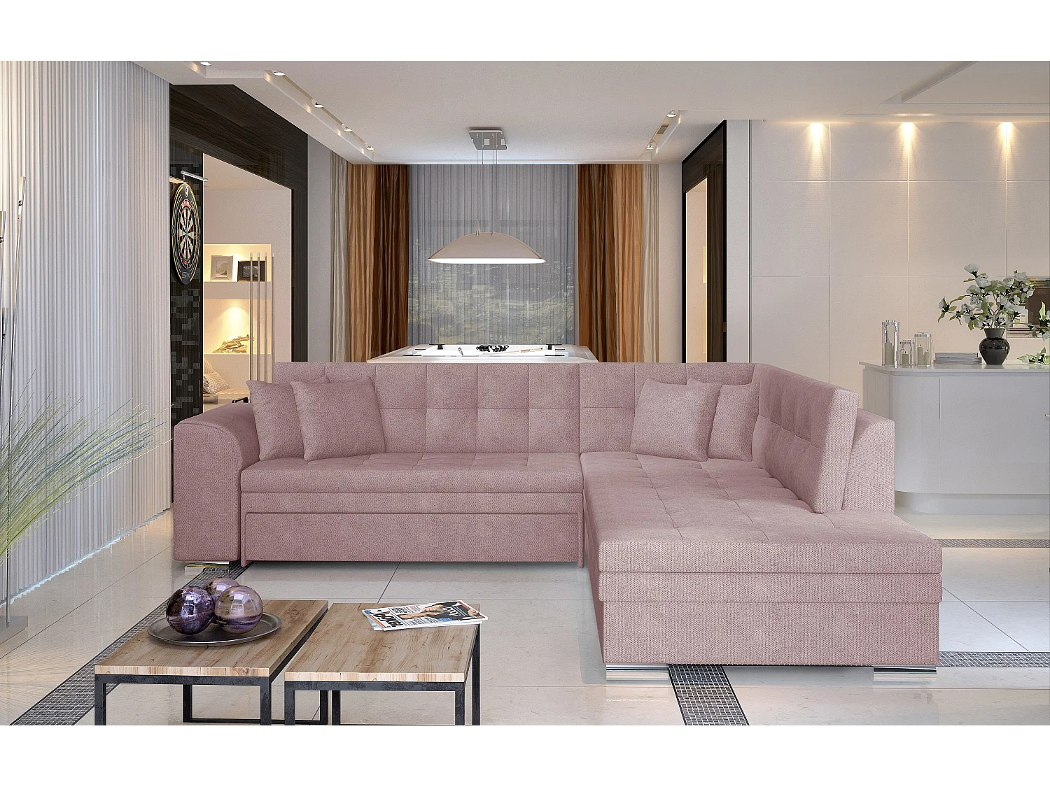 Canapé convertible angle droit tissu doux rose clair et chromé Pika 260cm