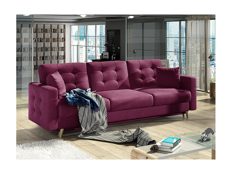 Canapé 3 places convertible matelassé velours bordeaux Anska 235cm