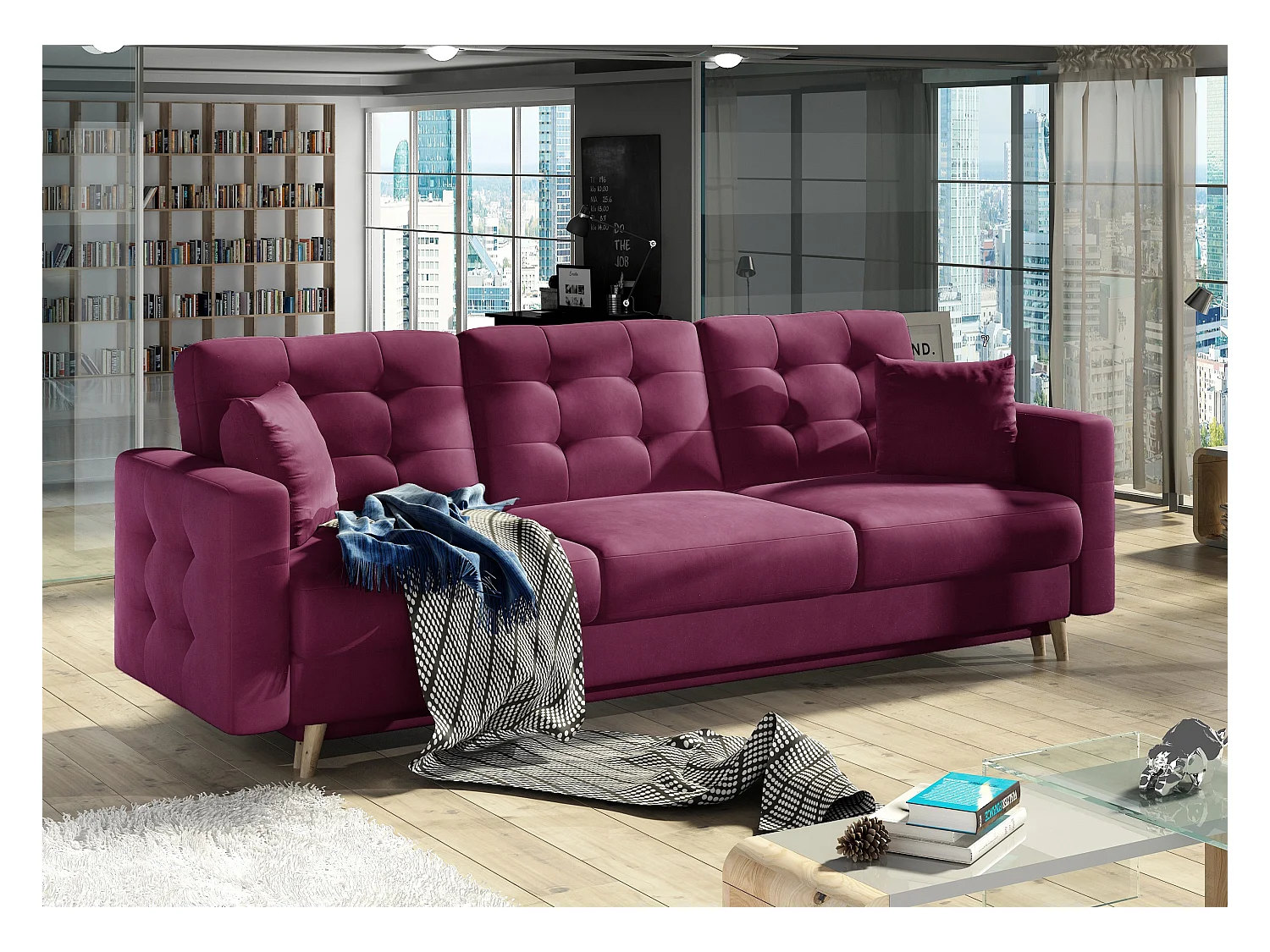 Canapé 3 places convertible matelassé velours bordeaux Anska 235cm