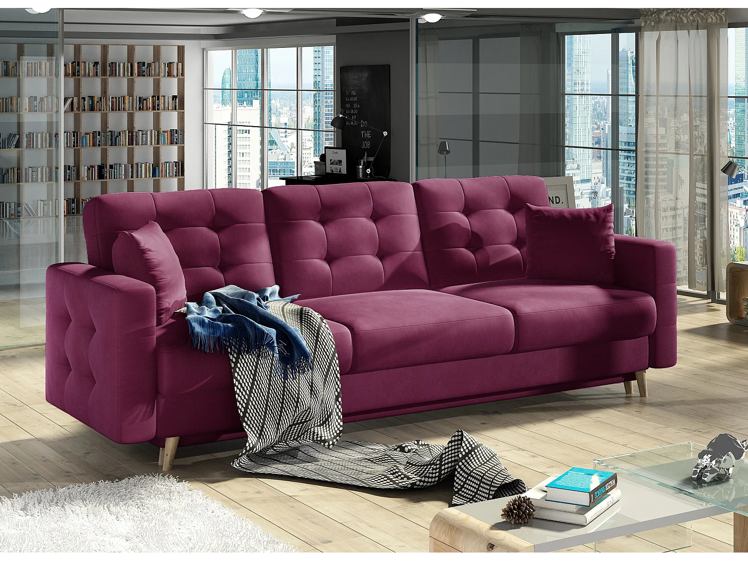 Canapé 3 places convertible matelassé velours bordeaux Anska 235cm