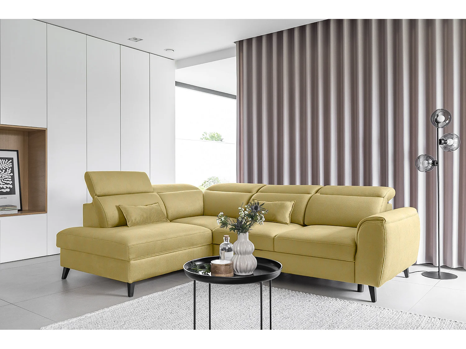 Canapé d'angle gauche convertible tissu jaune Noblesse 255cm