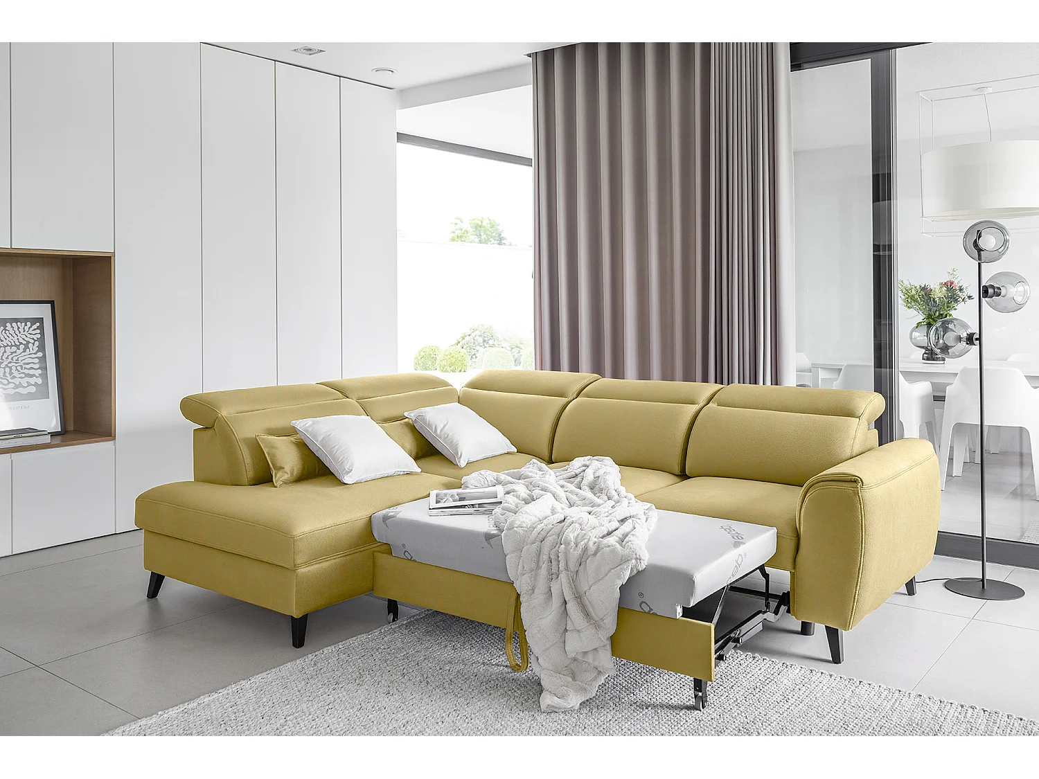 Canapé d'angle gauche convertible tissu jaune Noblesse 255cm