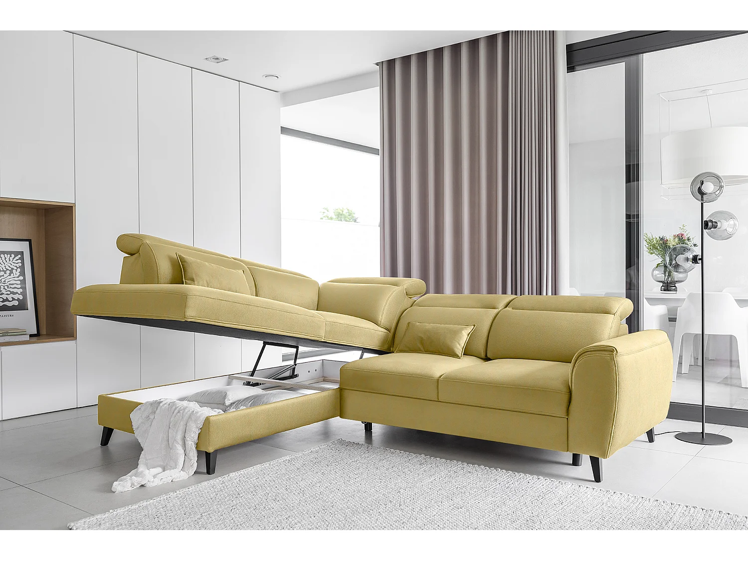 Canapé d'angle gauche convertible tissu jaune Noblesse 255cm