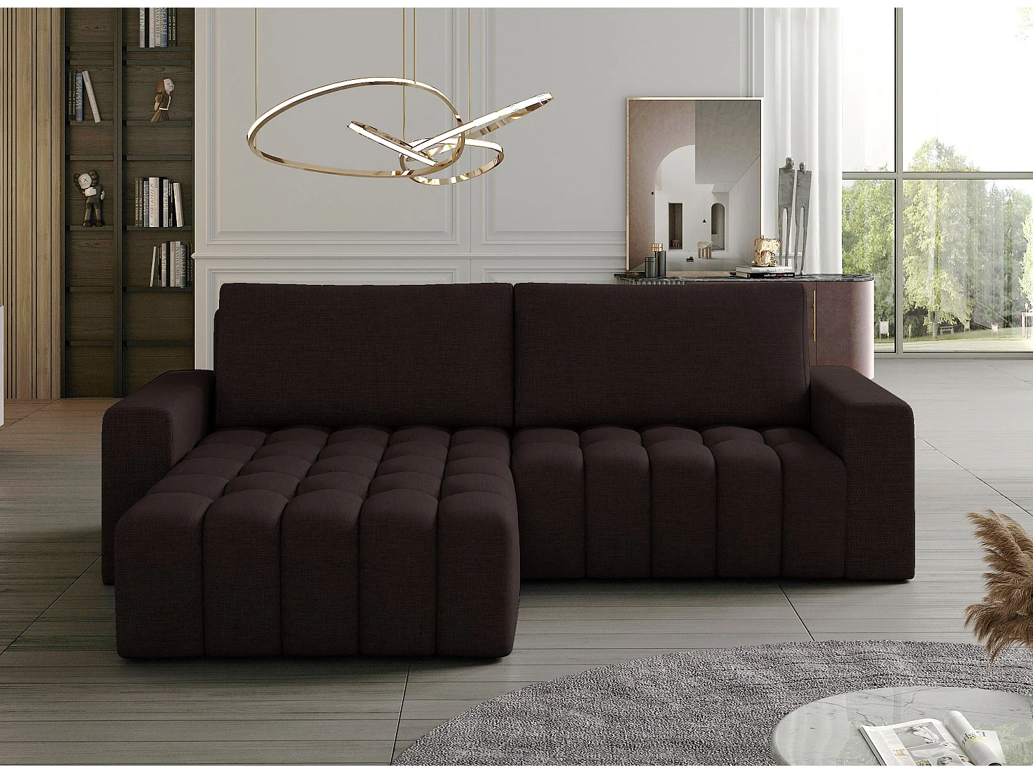 Canapé d’angle tissu capitonné BOZEN – Convertible et rangement-Marron foncé-angle gauche