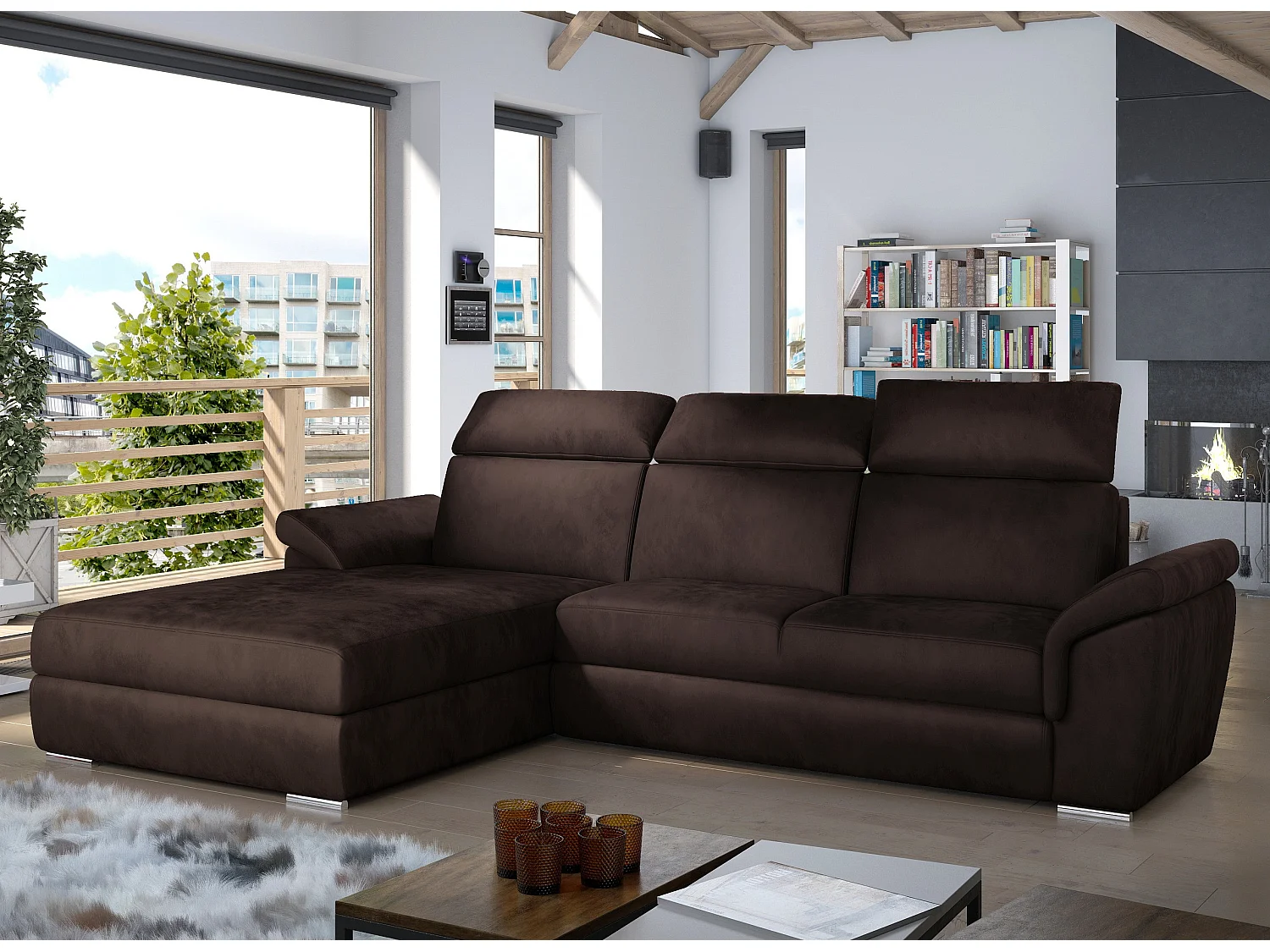 Canapé convertible d'angle gauche velours chocolat têtières réglables Suzy 272cm