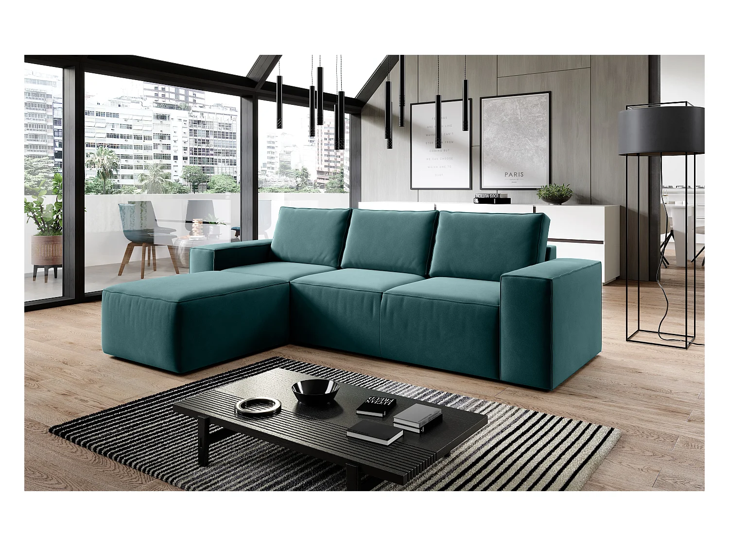 Canapé d'angle gauche convertible moderne velours vert Willace 302cm 2