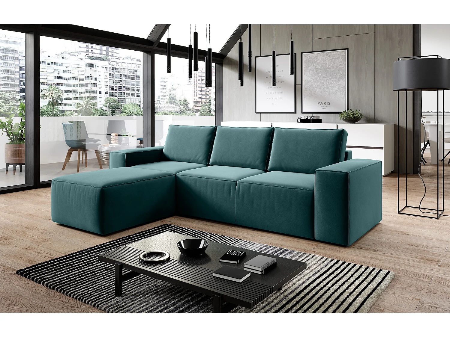 Canapé d'angle gauche convertible moderne velours vert Willace 302cm 2