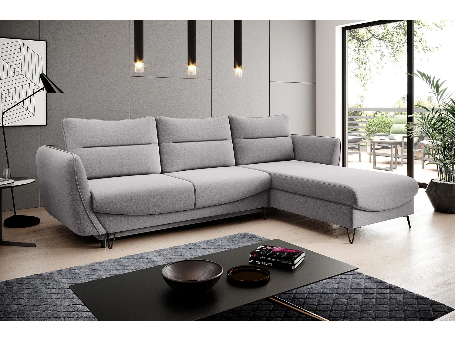 Canapé d'angle droit convertible tissu gris clair Zurik 276cm