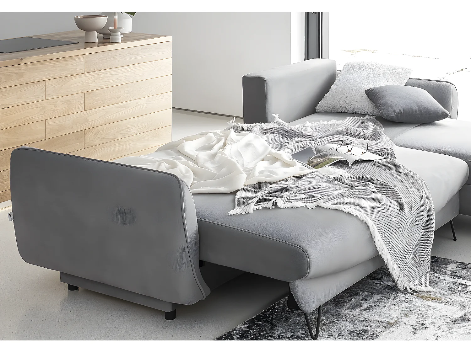 Canapé d'angle droit convertible tissu gris clair Zurik 276cm