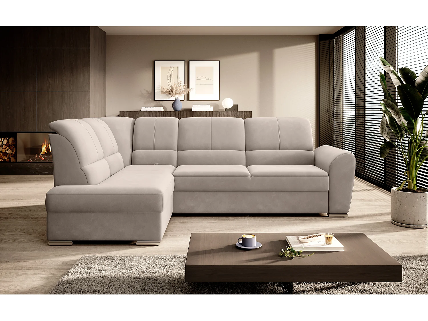 Canapé angle gauche convertible velours beige et pieds acier chromé Zabor 270cm