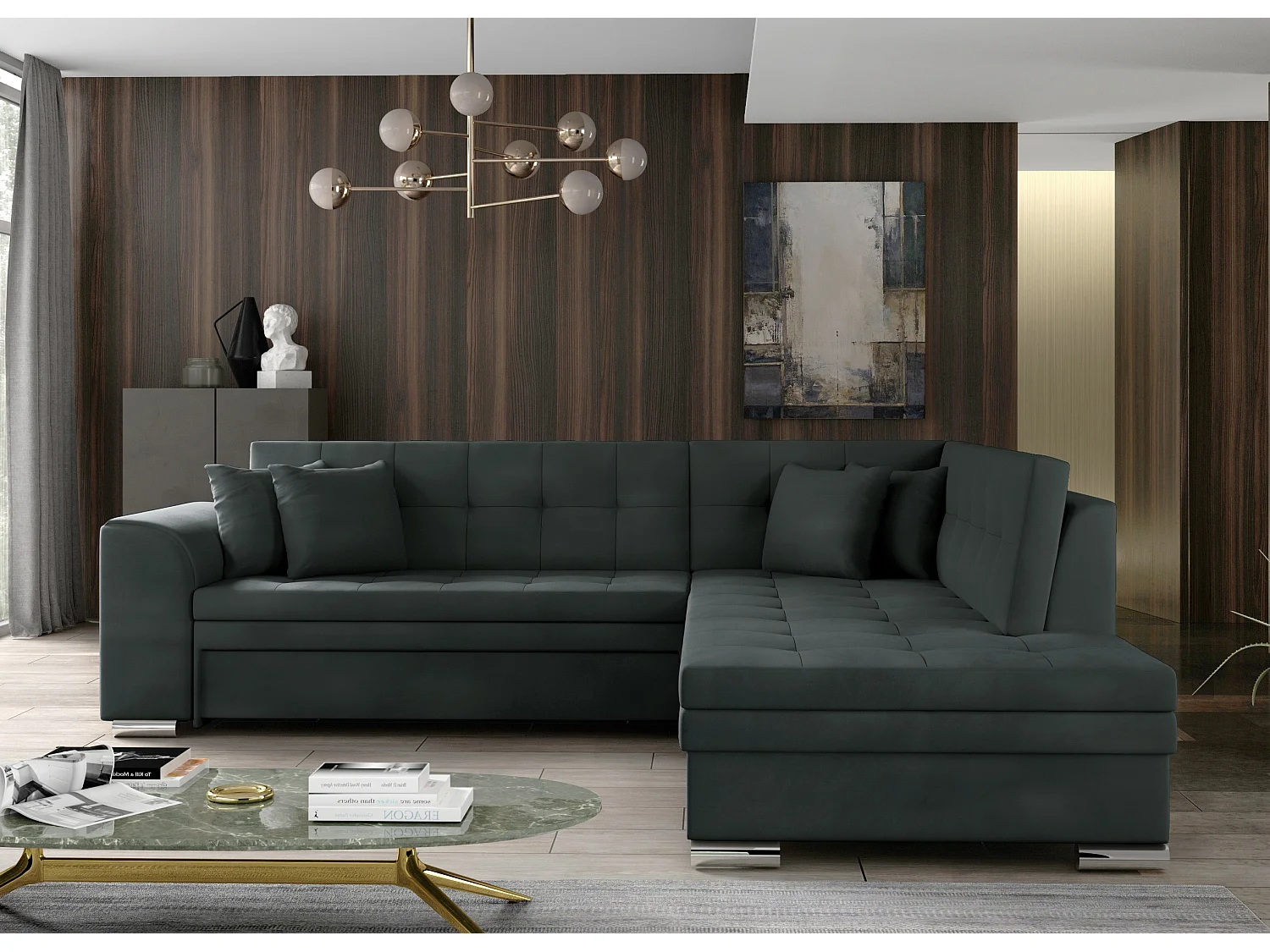 Canapé convertible angle droit velours anthracite et chromé Pika 260cm