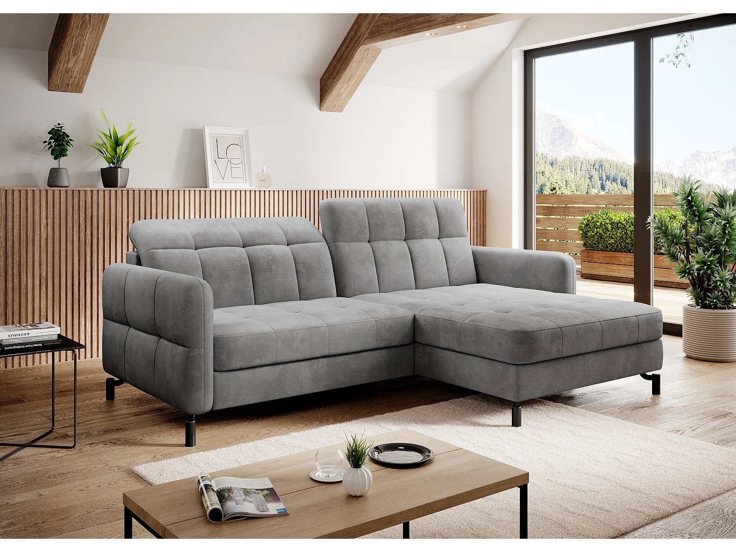 Canapé d'angle convertible velours avec coffre de rangement LORI-Gris clair-angle droit