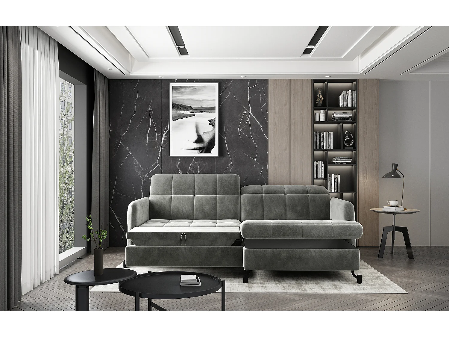 Canapé d'angle convertible velours avec coffre de rangement LORI-Gris clair-angle droit